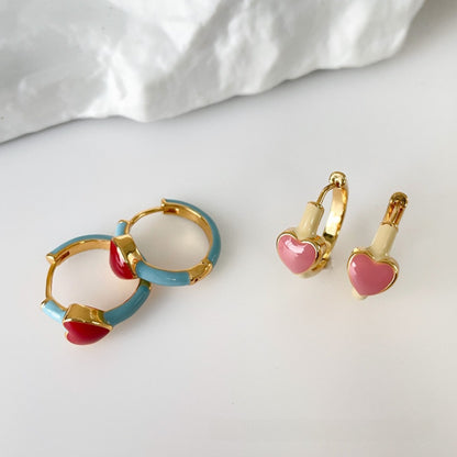 Elegant Heart Shape Stud Earrings In Red Featuring Copper Ear Pins With Asymmetrical Design