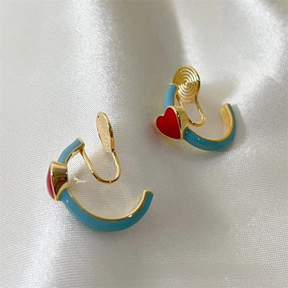 Elegant Heart Shape Stud Earrings In Red Featuring Copper Ear Pins With Asymmetrical Design