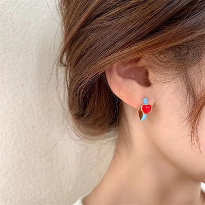 Elegant Heart Shape Stud Earrings In Red Featuring Copper Ear Pins With Asymmetrical Design