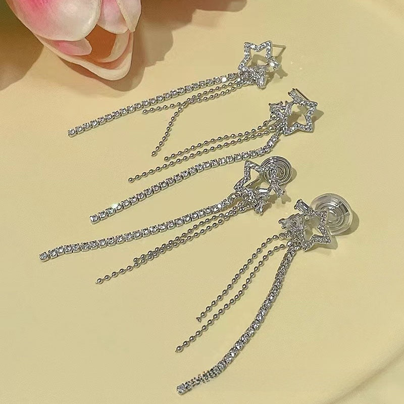 Tassel Clip Earrings For Women Featuring Electroplated Alloy With 925 Sterling Silver Studs