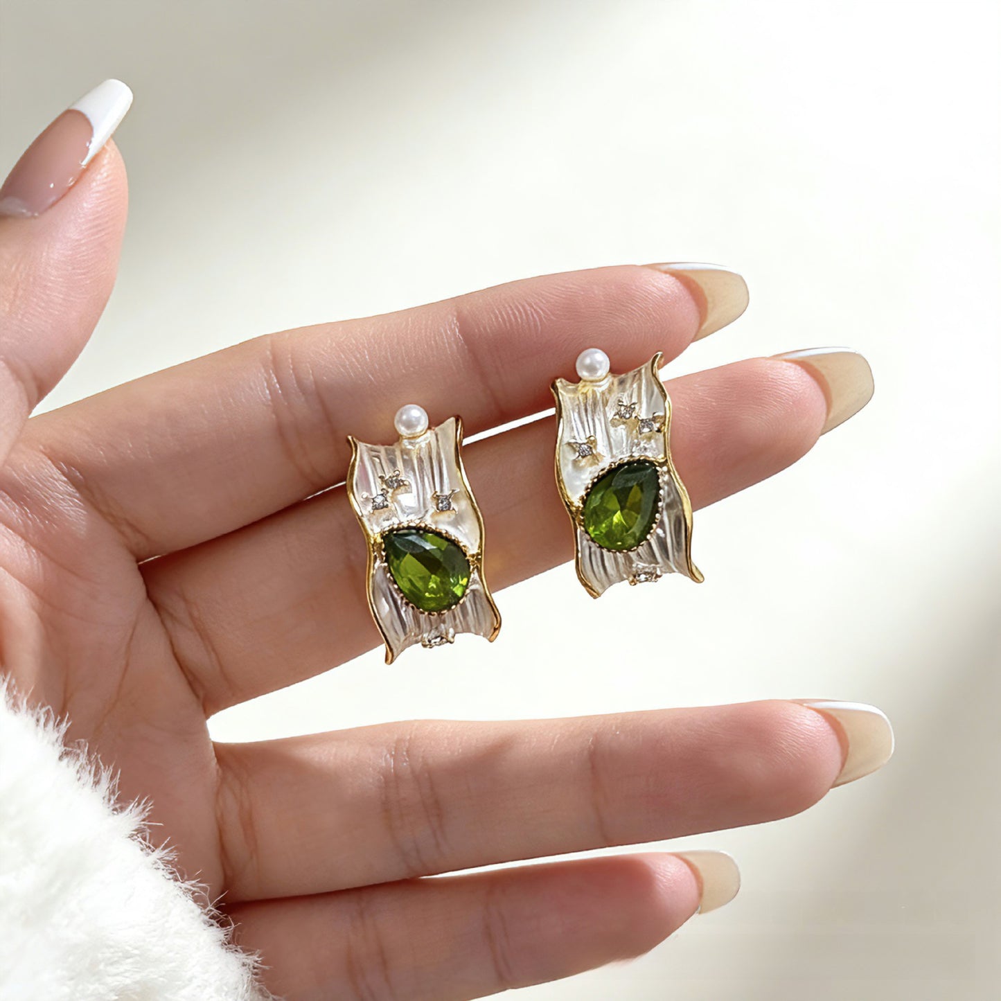 Geometric Stud Earrings For Women With May Birthstone Emerald Inlay, Silver Plated Alloy Design