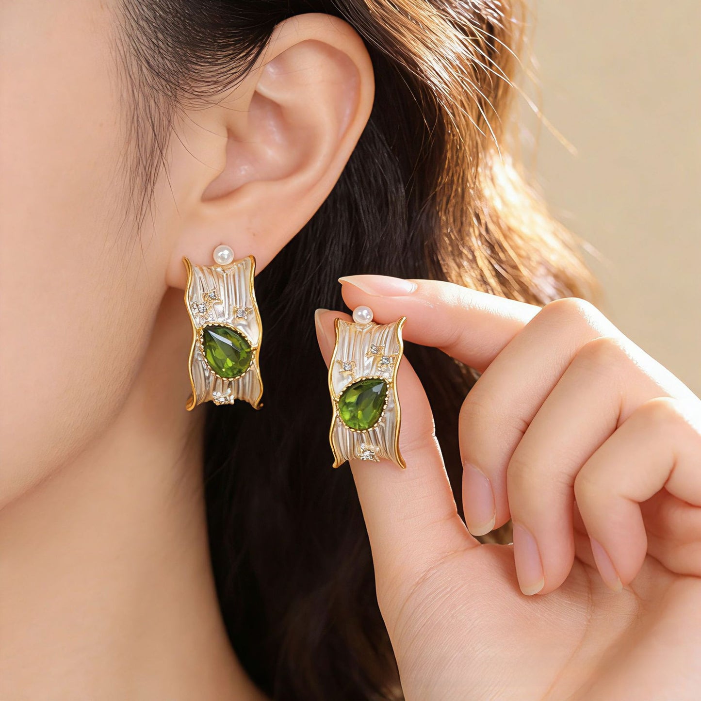 Geometric Stud Earrings For Women With May Birthstone Emerald Inlay, Silver Plated Alloy Design