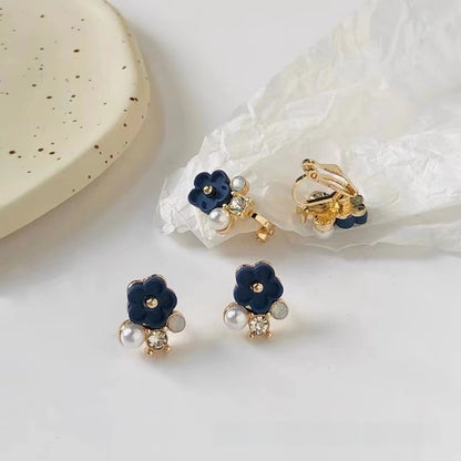 Cute Dark Blue Flower Earrings With Rhinestones, Alloy Material Featuring Stoving Varnish Finish