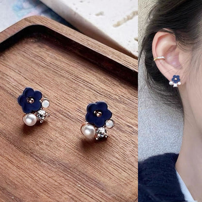 Cute Dark Blue Flower Earrings With Rhinestones, Alloy Material Featuring Stoving Varnish Finish