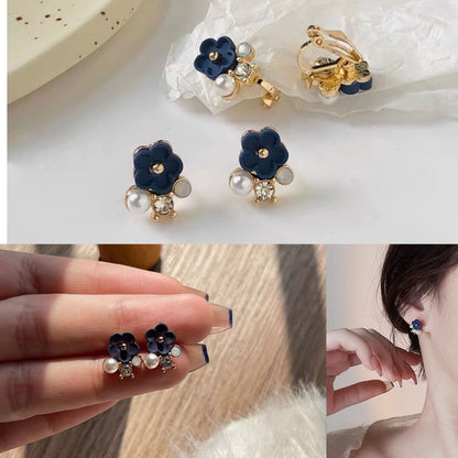 Cute Dark Blue Flower Earrings With Rhinestones, Alloy Material Featuring Stoving Varnish Finish
