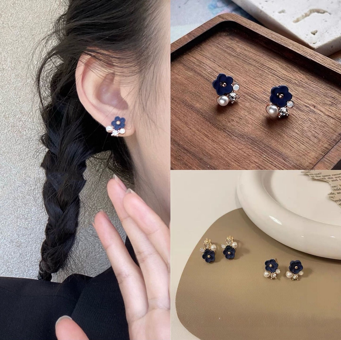 Cute Dark Blue Flower Earrings With Rhinestones, Alloy Material Featuring Stoving Varnish Finish