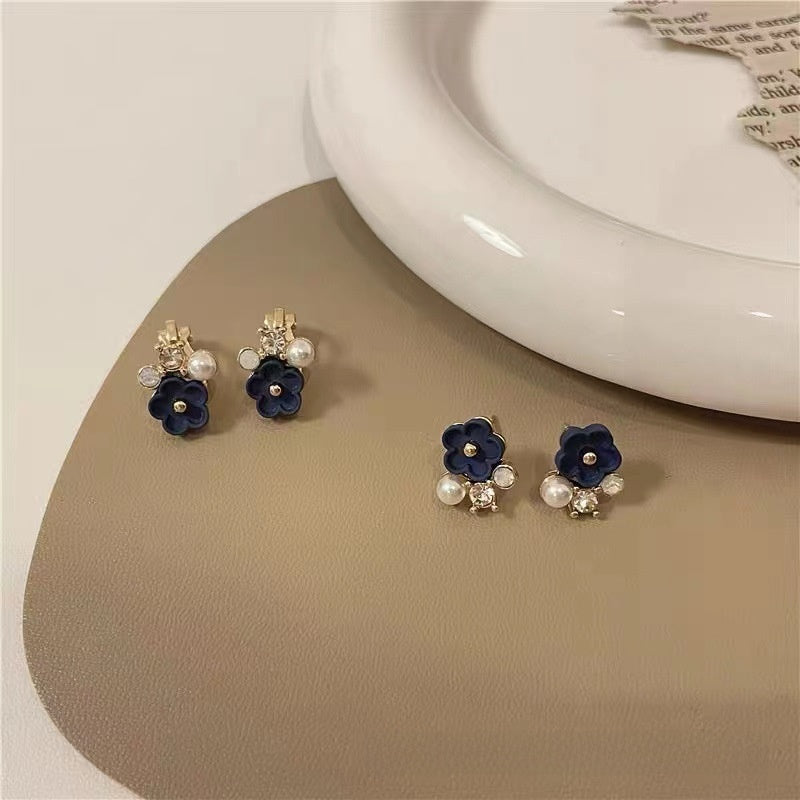 Cute Dark Blue Flower Earrings With Rhinestones, Alloy Material Featuring Stoving Varnish Finish