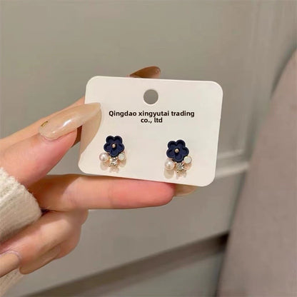 Cute Dark Blue Flower Earrings With Rhinestones, Alloy Material Featuring Stoving Varnish Finish