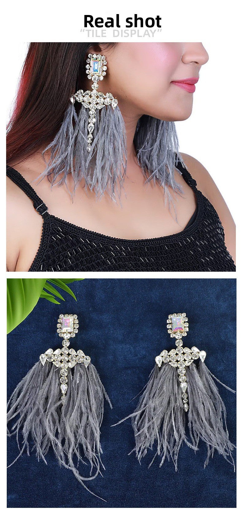 Gothic Silver Feather Earrings For Women, Electroplated Alloy With Rhinestone Inlay