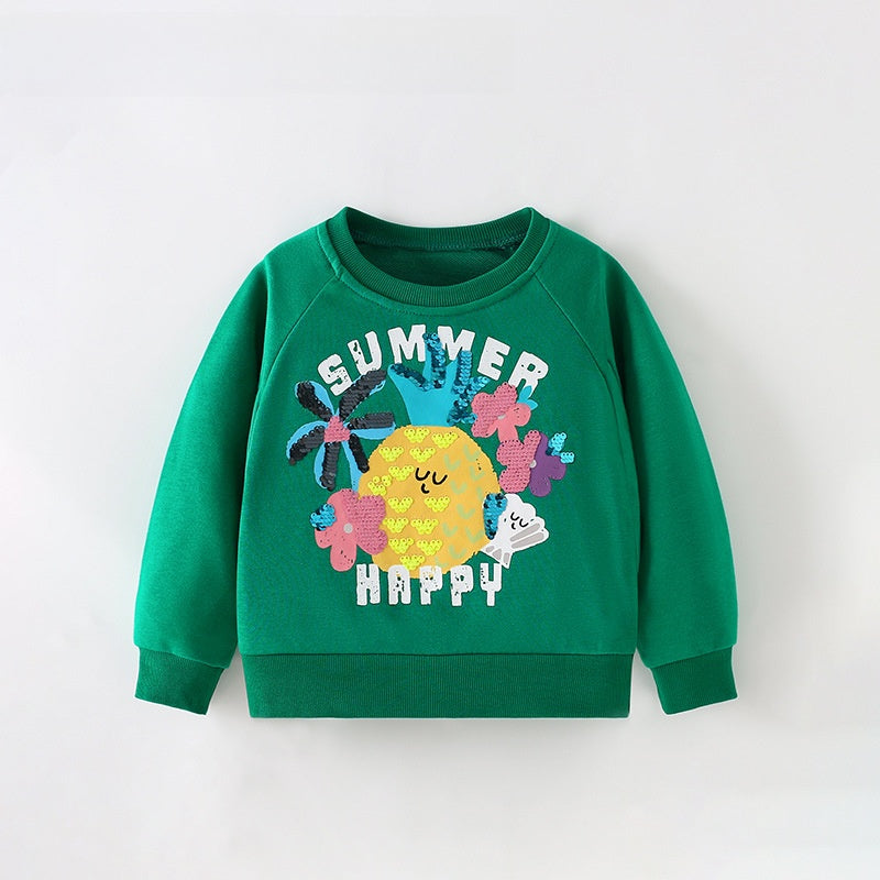 Cartoon Girl's Cotton Pullover Sweatshirt With Round Neck And Long Sleeves For Toddlers 3-6 Years