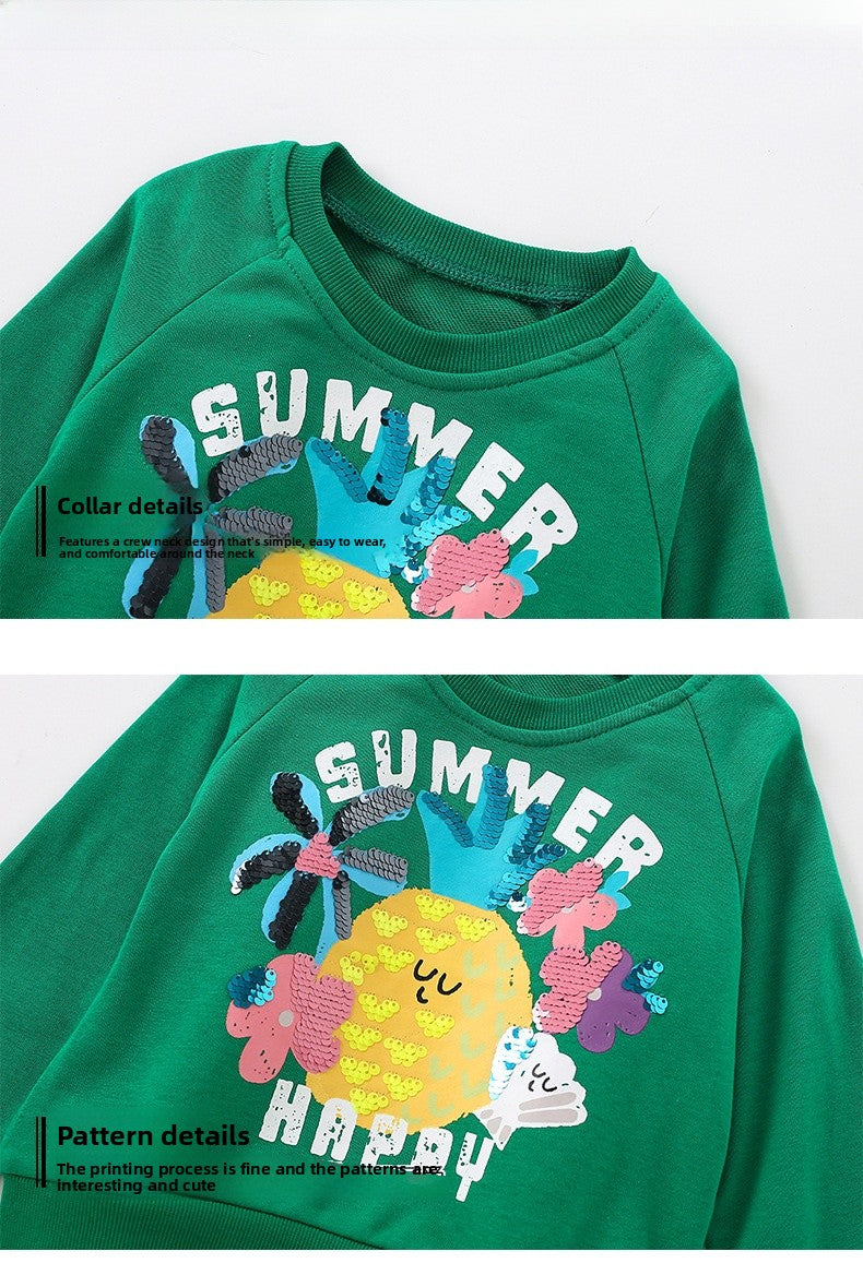 Cartoon Girl's Cotton Pullover Sweatshirt With Round Neck And Long Sleeves For Toddlers 3-6 Years