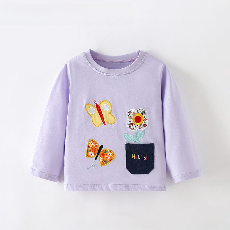 Casual Animal Pattern Girl's Cotton T-shirt With Round Neck And Long Sleeves For Toddlers 3-6 Years