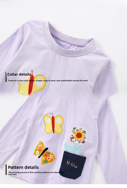 Casual Animal Pattern Girl's Cotton T-shirt With Round Neck And Long Sleeves For Toddlers 3-6 Years