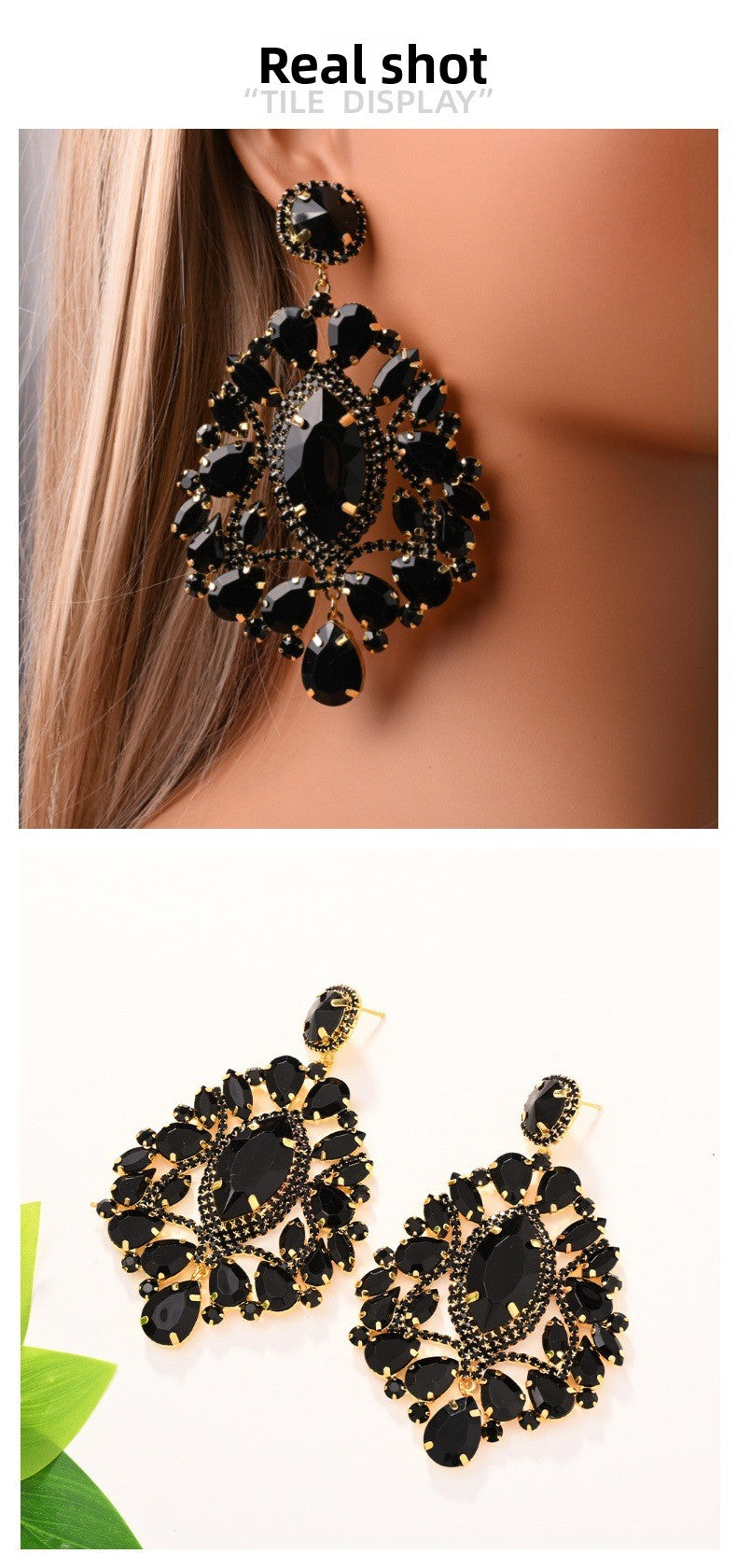 Luxurious Geometric Earrings For Women Featuring Elaborate Craft In Dyed Black Alloy With Rhinestone Inlay
