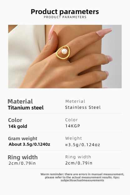 Geometric Asymmetrical Women's Rings In 304 Stainless Steel With Imitation Pearl, PVD Coated Featuring Simple Style
