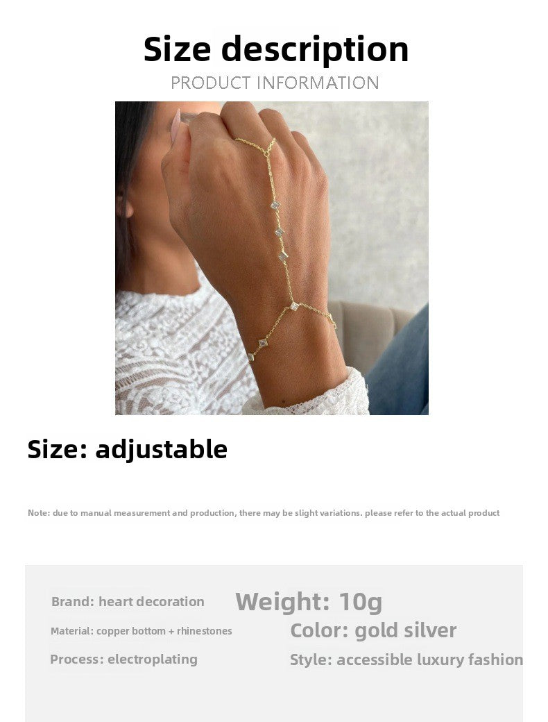 Rhombus Silver Hand Chain Bracelet For Women In Electroplated Alloy With Rhinestone Inlay