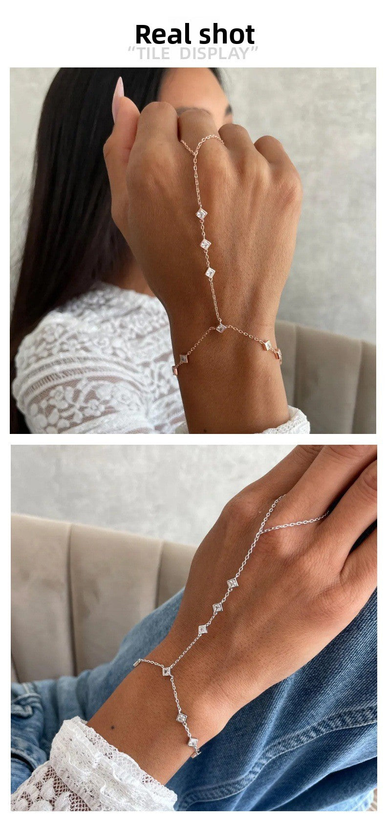Rhombus Silver Hand Chain Bracelet For Women In Electroplated Alloy With Rhinestone Inlay