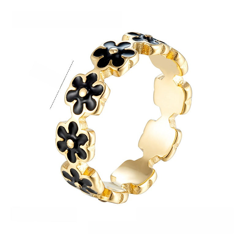 Women’s Flowers Enamel Rings In Titanium Steel With 18K Real Gold Plated Electroplated Finish