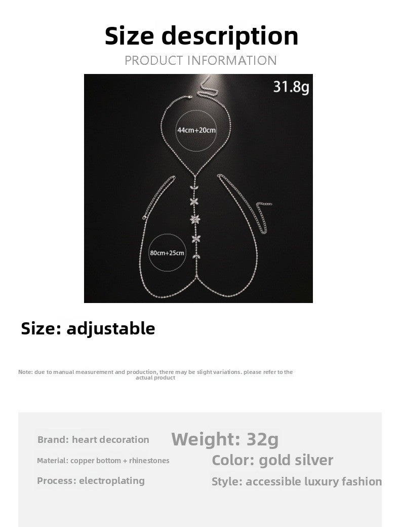 Silver Body Chain For Women With Butterfly Pattern, Rhinestones And White Crystal Inlay, Electroplated Copper Plated Chest Jewelry