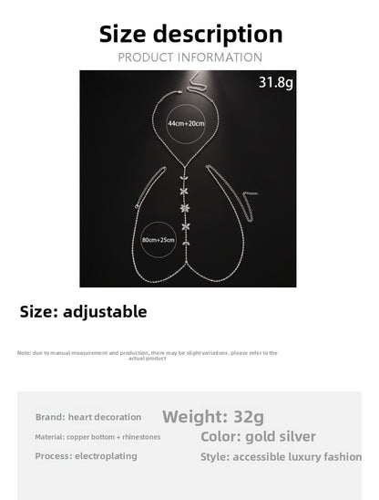 Silver Body Chain For Women With Butterfly Pattern, Rhinestones And White Crystal Inlay, Electroplated Copper Plated Chest Jewelry