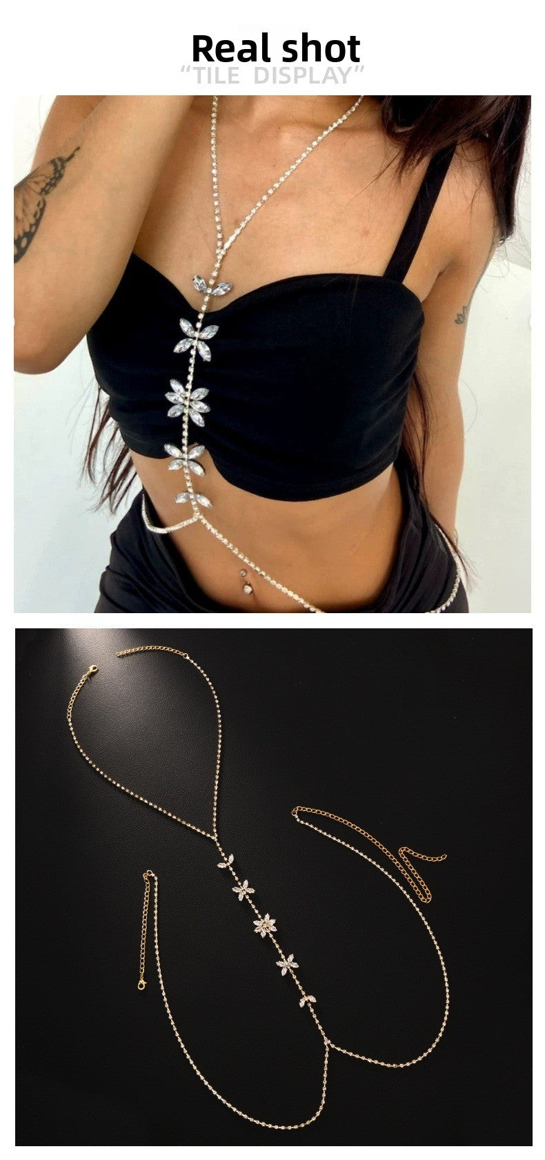 Silver Body Chain For Women With Butterfly Pattern, Rhinestones And White Crystal Inlay, Electroplated Copper Plated Chest Jewelry