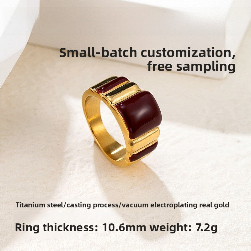 Geometric Enamel Titanium Steel Ring For Women In Wine Red, Perfect New Year Gift