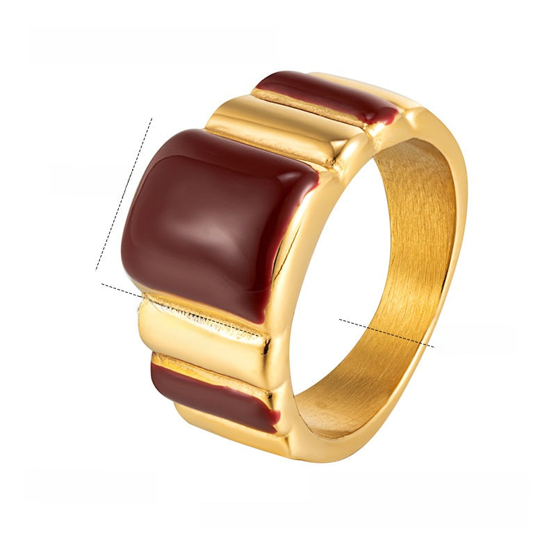 Geometric Enamel Titanium Steel Ring For Women In Wine Red, Perfect New Year Gift