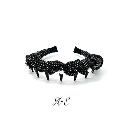 Polka Dots Jewelry Headband For Women In Dyed Black Chiffon With Artificial Pearl Embellishments