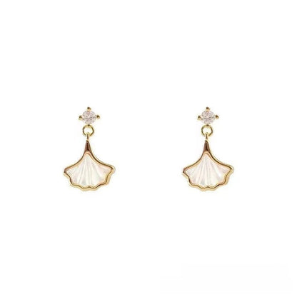 Ginkgo Leaf Stud Earrings For Unisex Featuring White Copper And Mother-of-pearl Shell Inlay In Sweet Style