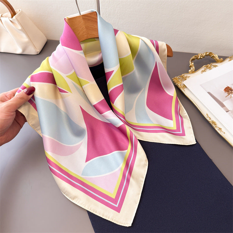 Retro Color Block Silk Scarf In Multicolor Polyester, Perfect For Summer
