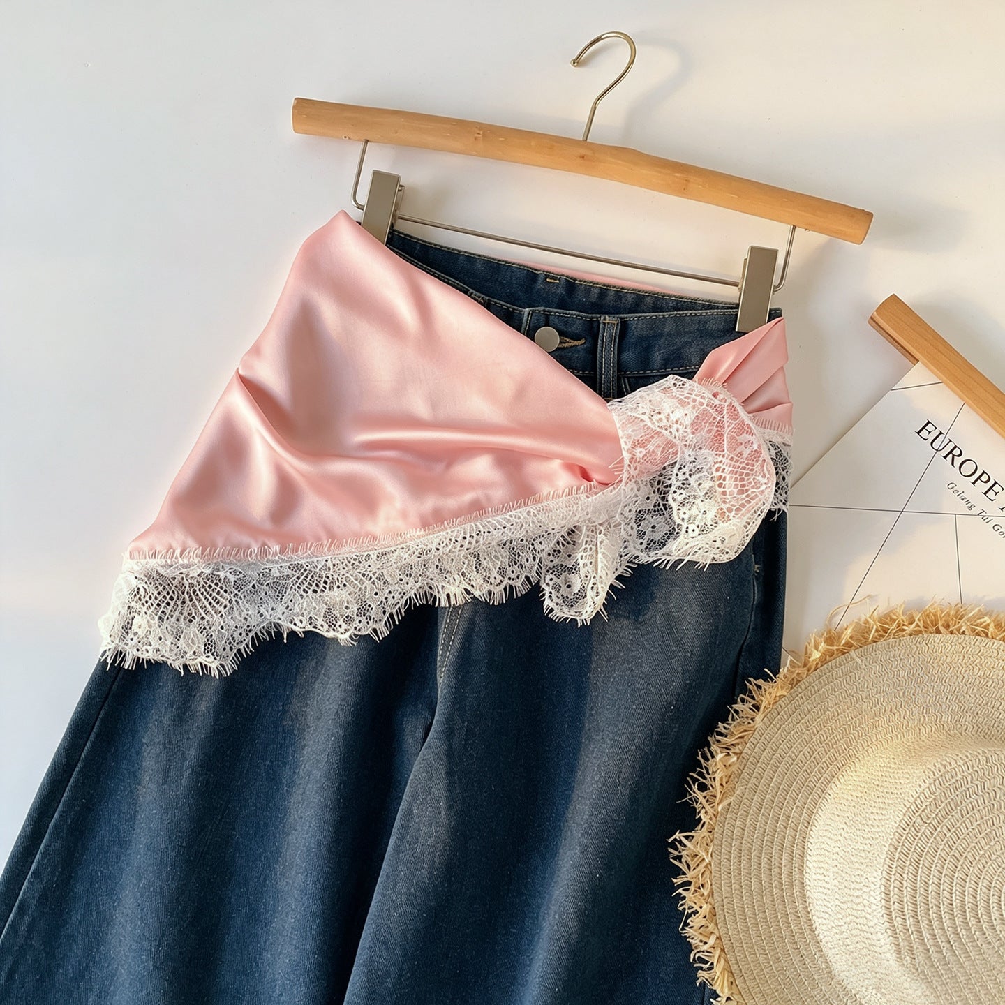 French Style Lace Silk Scarf In Satin Featuring Natural Pink Color, Perfect For Summer Wear
