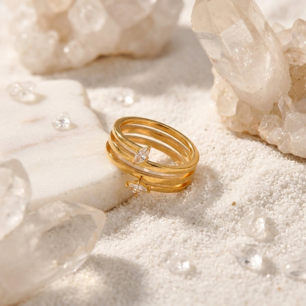 Geometric Electroplated Rings For Women In 304 Stainless Steel With 18K Real Gold PVD Coating And Artificial Pearl Inlay