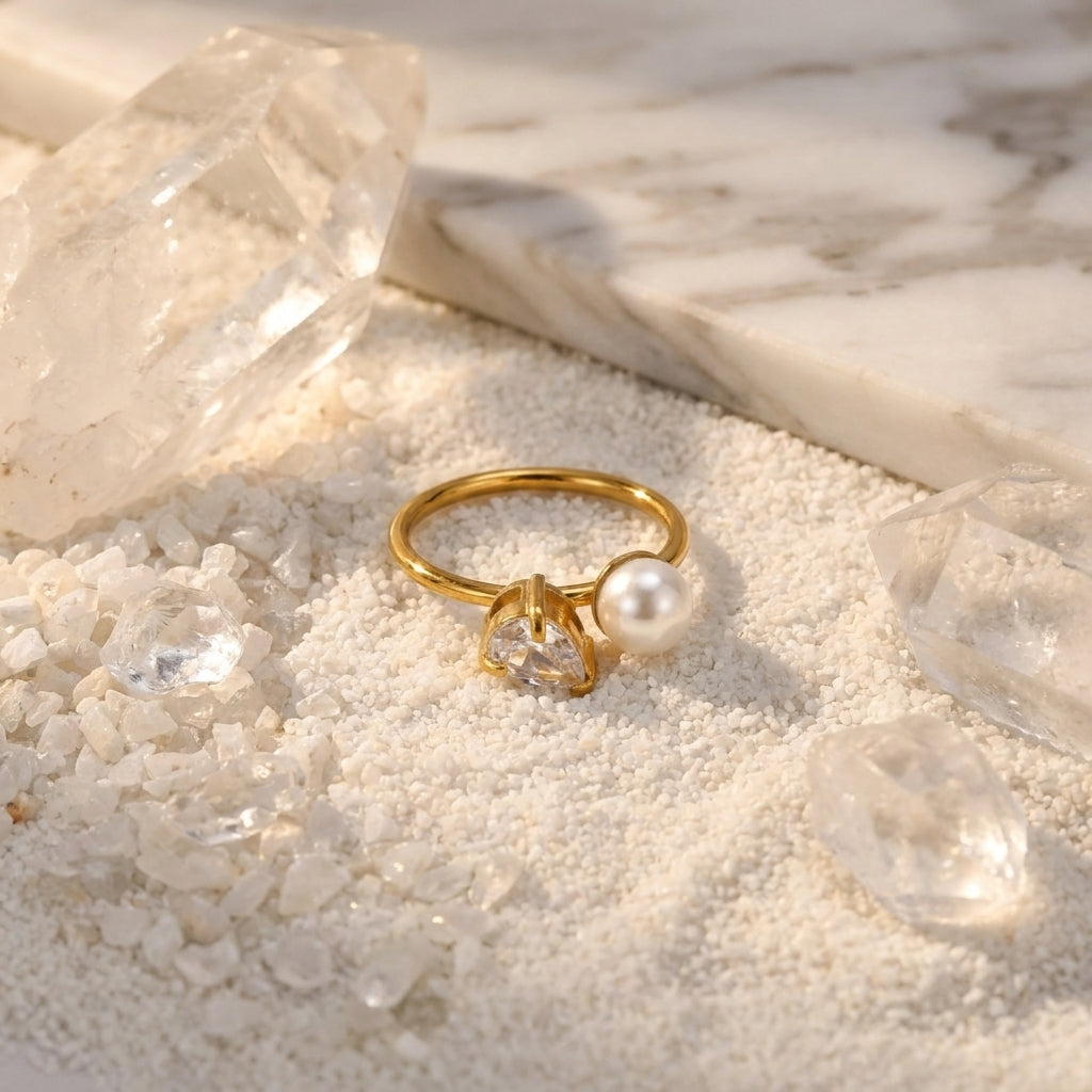 Geometric Electroplated Rings For Women In 304 Stainless Steel With 18K Real Gold PVD Coating And Artificial Pearl Inlay