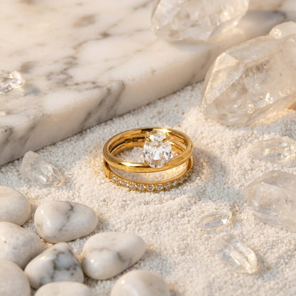 Geometric Electroplated Rings For Women In 304 Stainless Steel With 18K Real Gold PVD Coating And Artificial Pearl Inlay