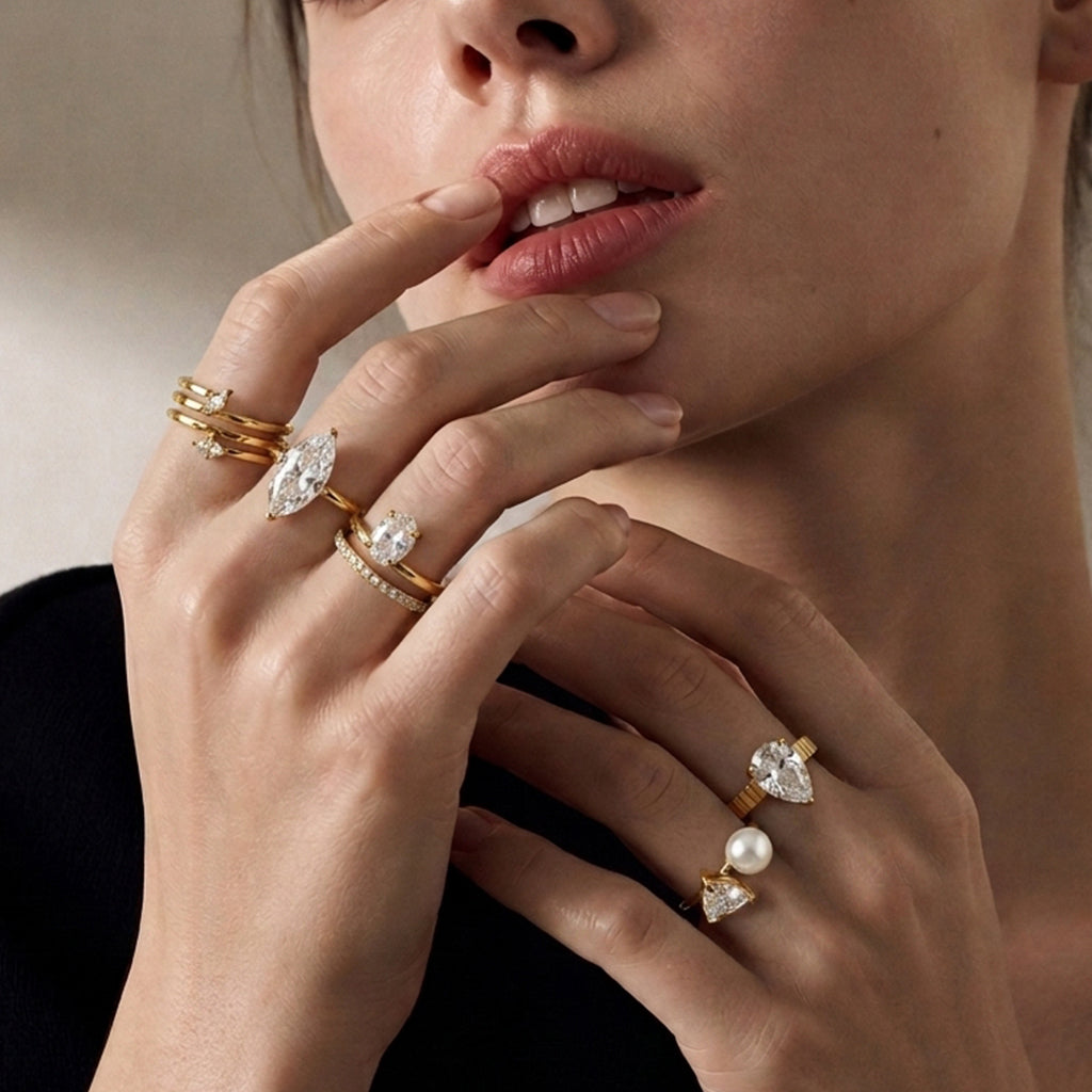Geometric Electroplated Rings For Women In 304 Stainless Steel With 18K Real Gold PVD Coating And Artificial Pearl Inlay