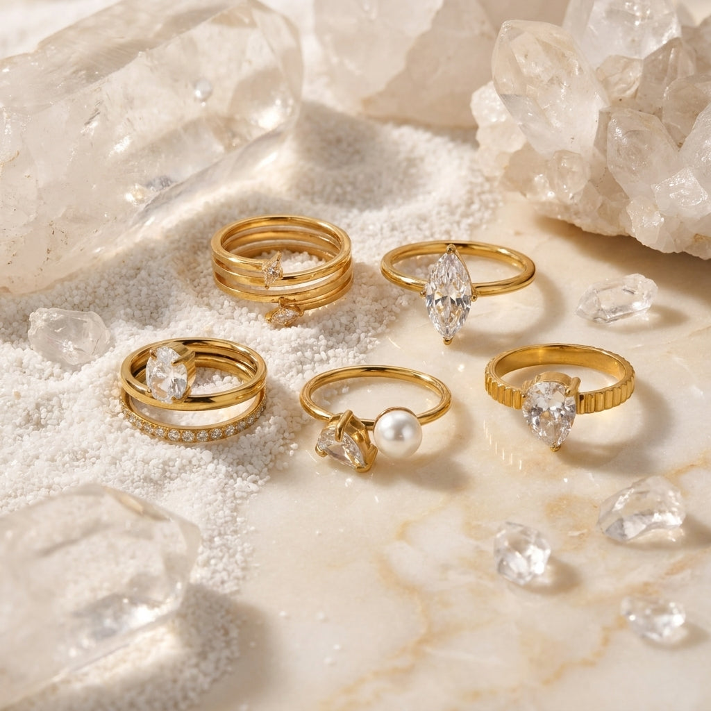 Geometric Electroplated Rings For Women In 304 Stainless Steel With 18K Real Gold PVD Coating And Artificial Pearl Inlay