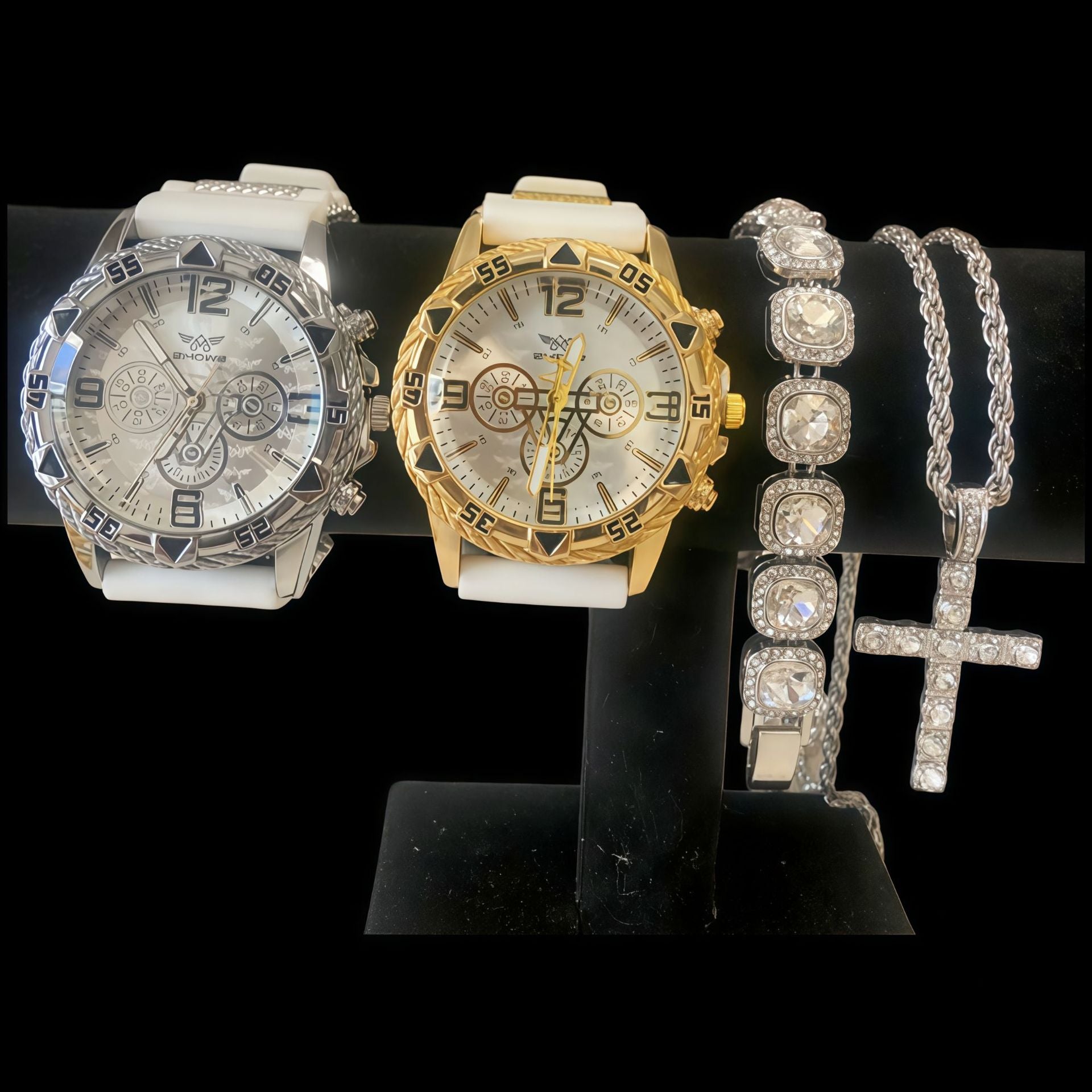 Men's Quartz Watch Jewelry Set With Round Dial, Tempered Glass Mirror, Silica Gel Strap, And Double Side Snap Buckle