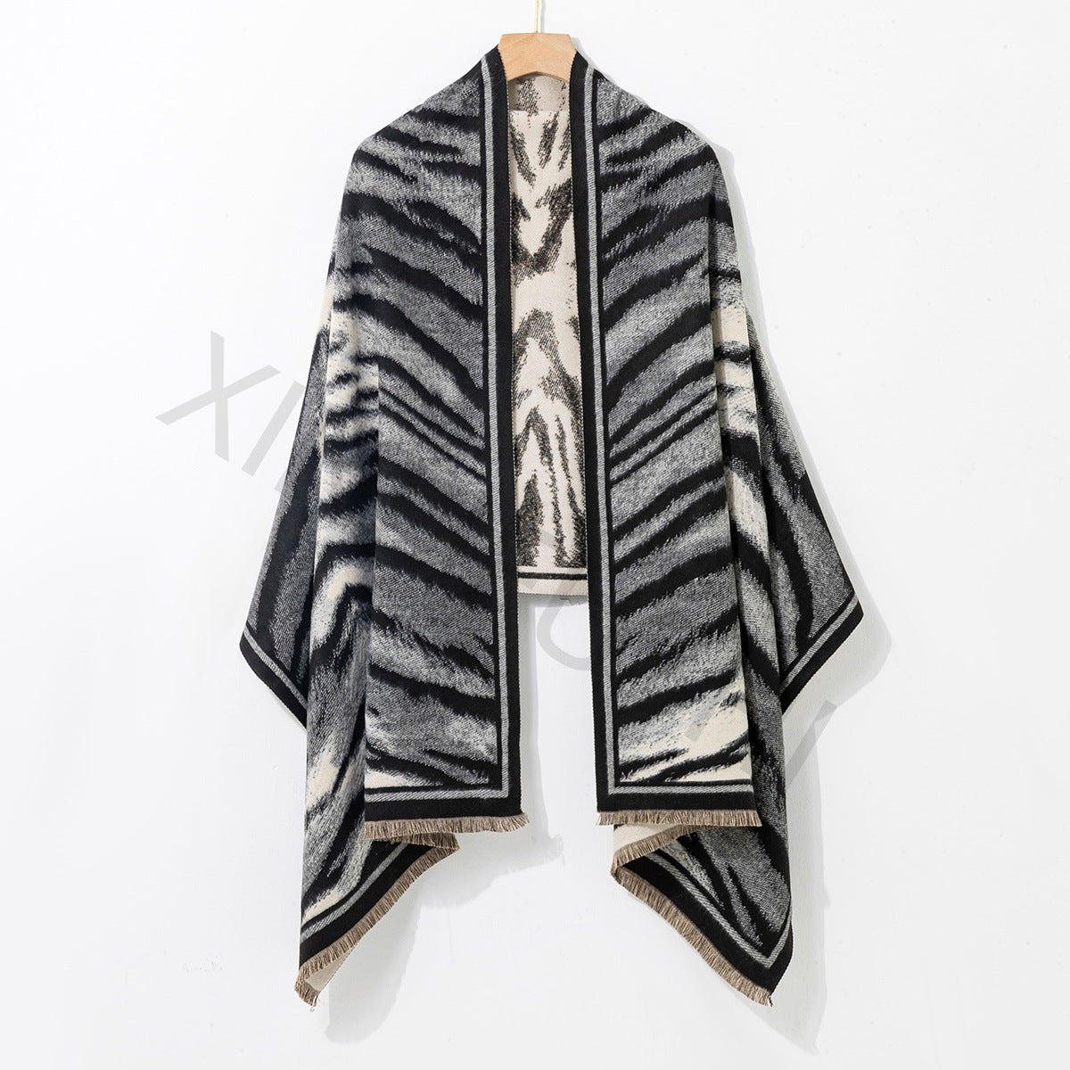 Zebra Pattern Polyester Shawl In Beige, Perfect Winter Scarf For Stylish Warmth