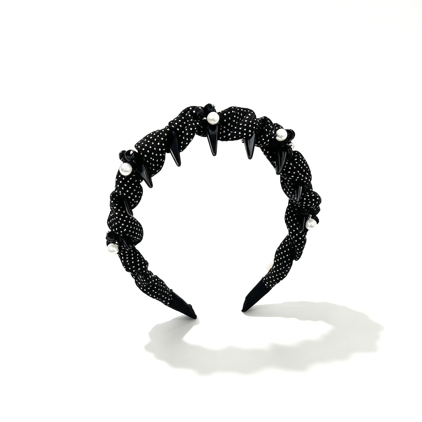 Polka Dots Jewelry Headband For Women In Dyed Black Chiffon With Artificial Pearl Embellishments