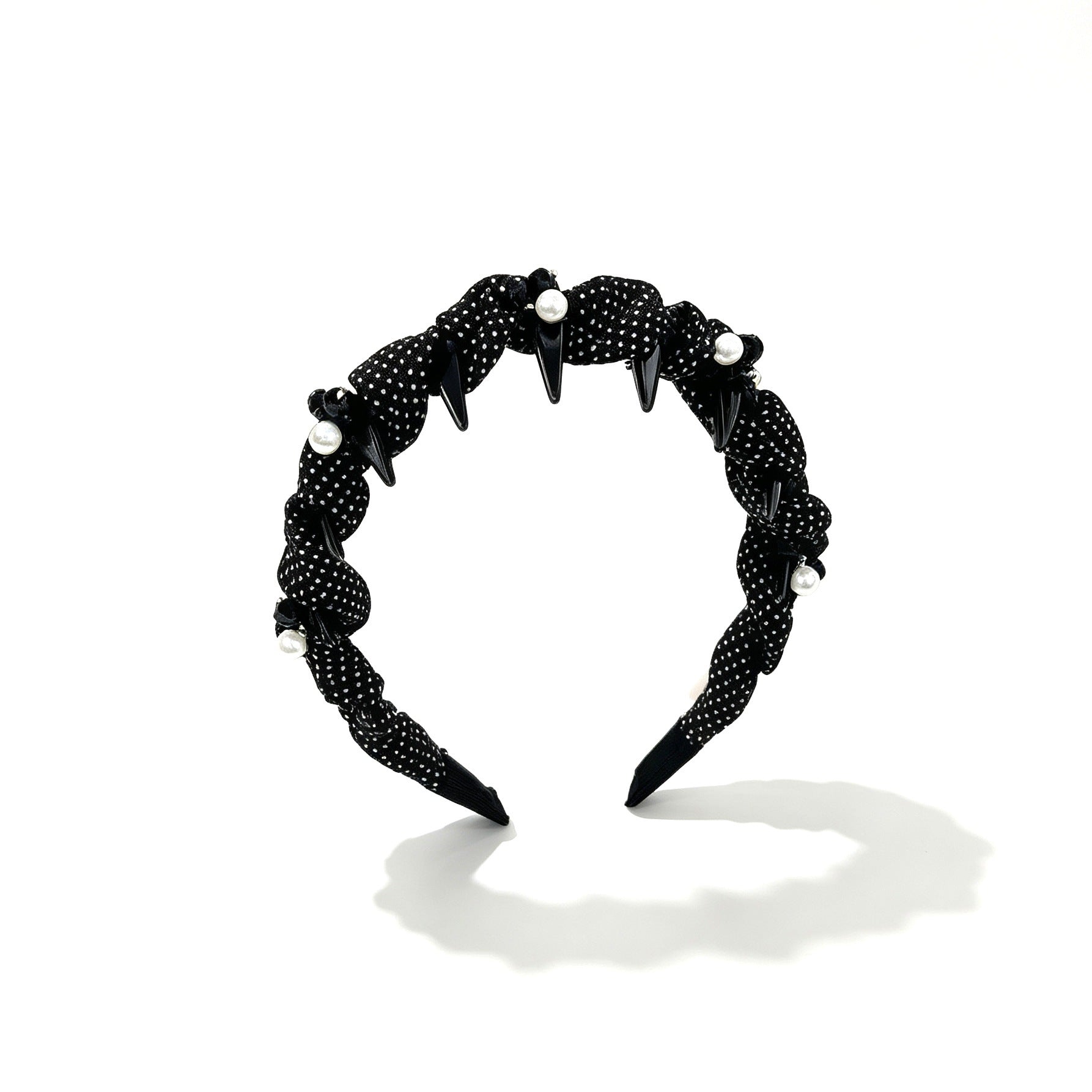 Polka Dots Jewelry Headband For Women In Dyed Black Chiffon With Artificial Pearl Embellishments