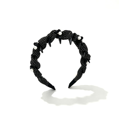 Polka Dots Jewelry Headband For Women In Dyed Black Chiffon With Artificial Pearl Embellishments