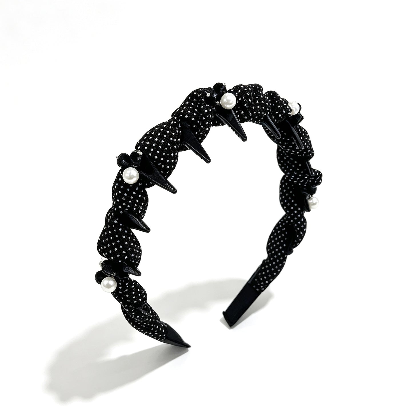 Polka Dots Jewelry Headband For Women In Dyed Black Chiffon With Artificial Pearl Embellishments