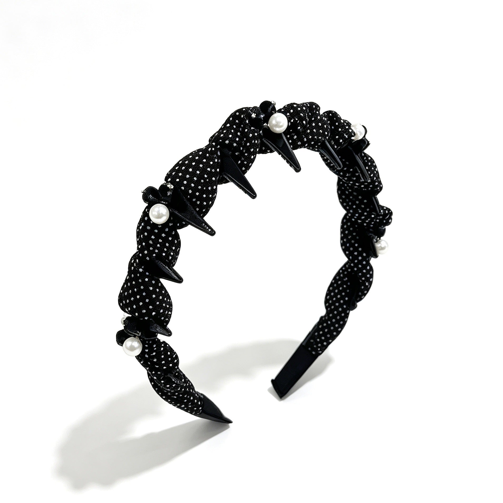 Polka Dots Jewelry Headband For Women In Dyed Black Chiffon With Artificial Pearl Embellishments