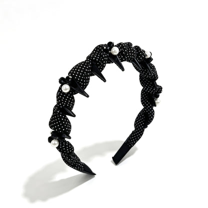 Polka Dots Jewelry Headband For Women In Dyed Black Chiffon With Artificial Pearl Embellishments