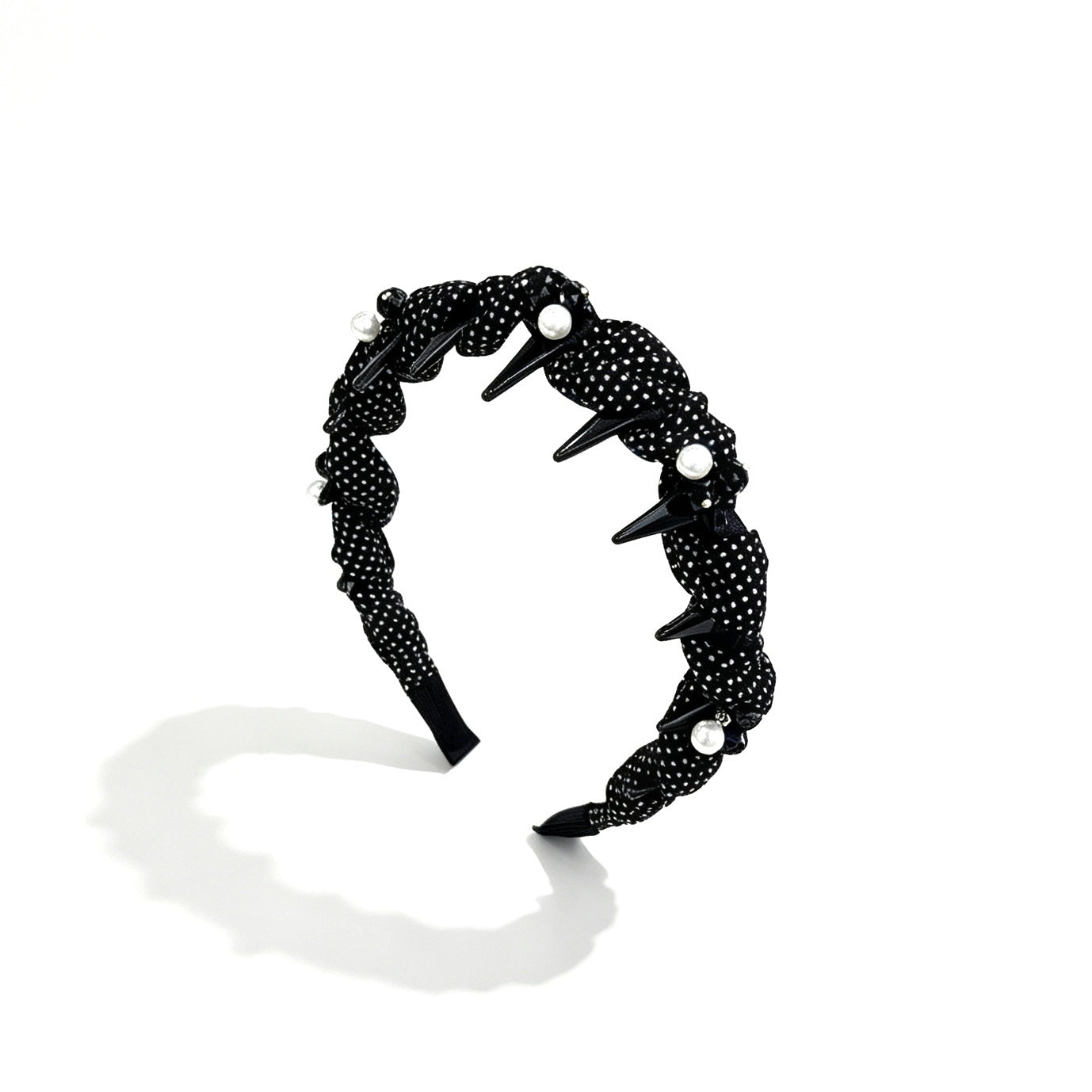 Polka Dots Jewelry Headband For Women In Dyed Black Chiffon With Artificial Pearl Embellishments