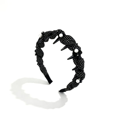 Polka Dots Jewelry Headband For Women In Dyed Black Chiffon With Artificial Pearl Embellishments