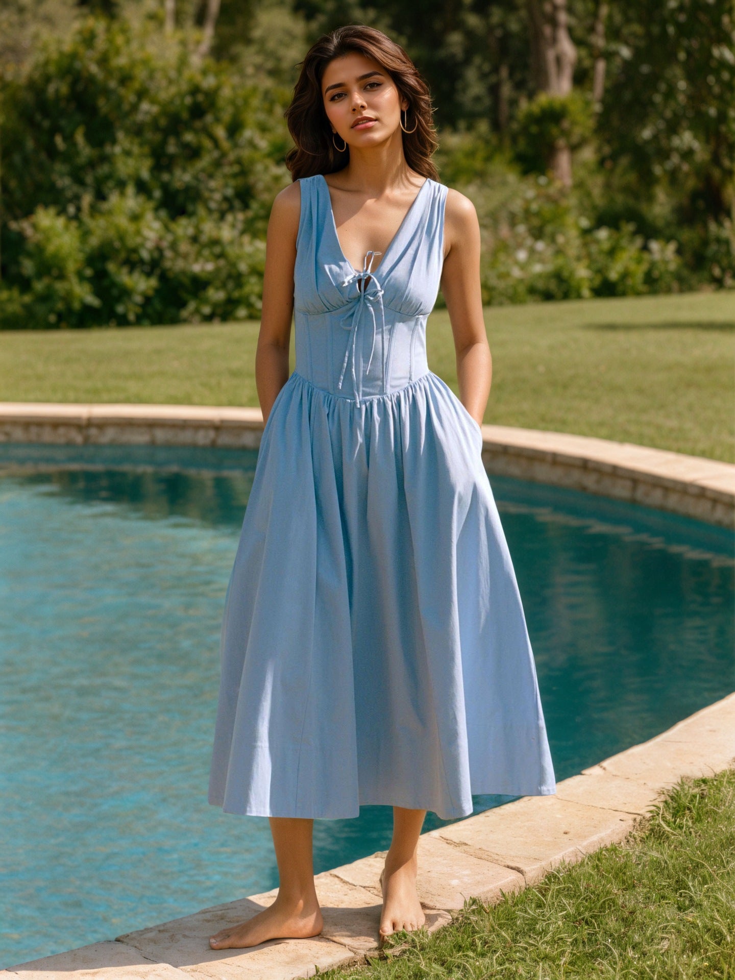 Solid Color Casual Sleeveless V Neck Strap Dress In Cotton Fabric For Everyday Wear