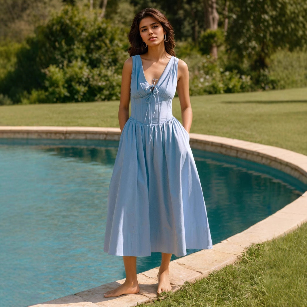 Solid Color Casual Sleeveless V Neck Strap Dress In Cotton Fabric For Everyday Wear