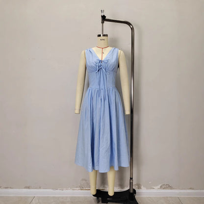 Solid Color Casual Sleeveless V Neck Strap Dress In Cotton Fabric For Everyday Wear