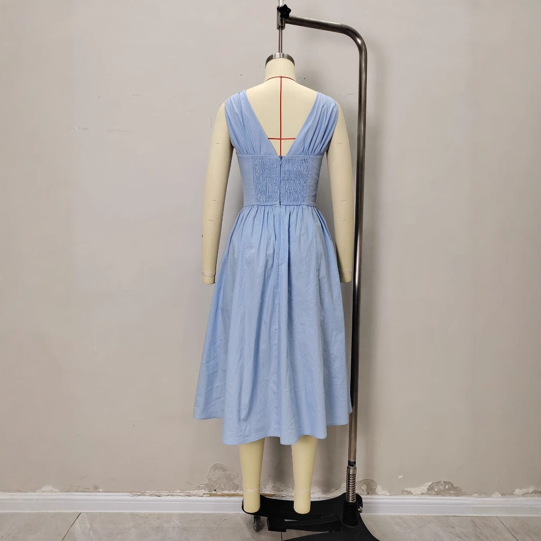 Solid Color Casual Sleeveless V Neck Strap Dress In Cotton Fabric For Everyday Wear